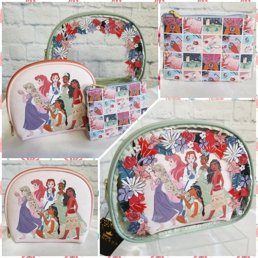 Disney Princesses Companions Floral Trio Pouch Bag 3 Piece Set Princess New